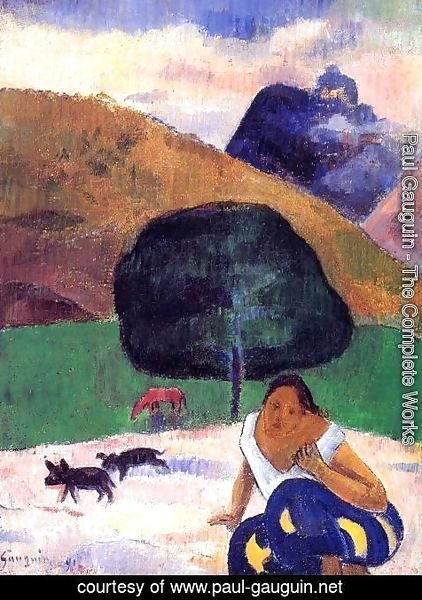 Paul Gauguin - Landscape With Black Pigs And A Crouching Tahitian