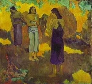 Three Tahitian Women Against A Yellow Background