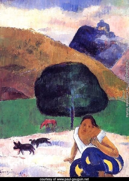 Landscape With Black Pigs And A Crouching Tahitian