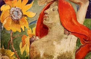 Redheaded Woman And Sunflowers